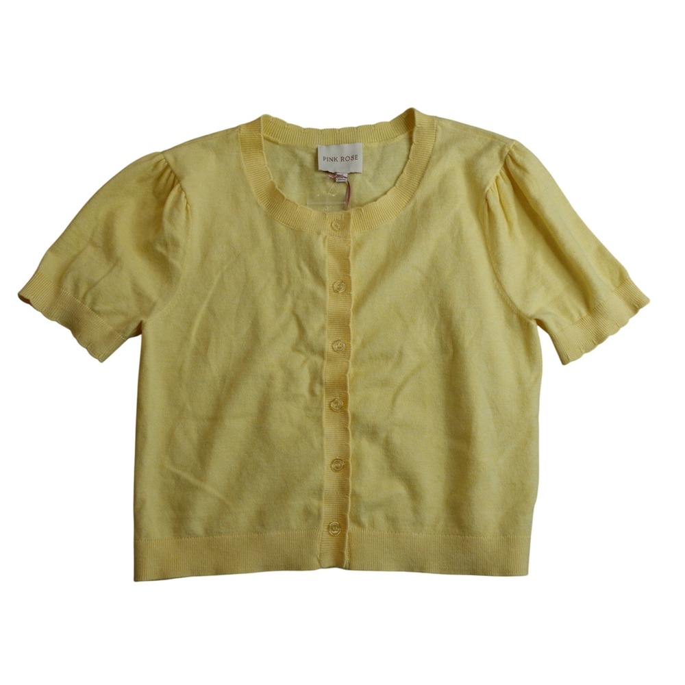 Coquette Puff Sleeve Yellow Cardigan Womens S Cropped Scalloped Hem Soft Girl